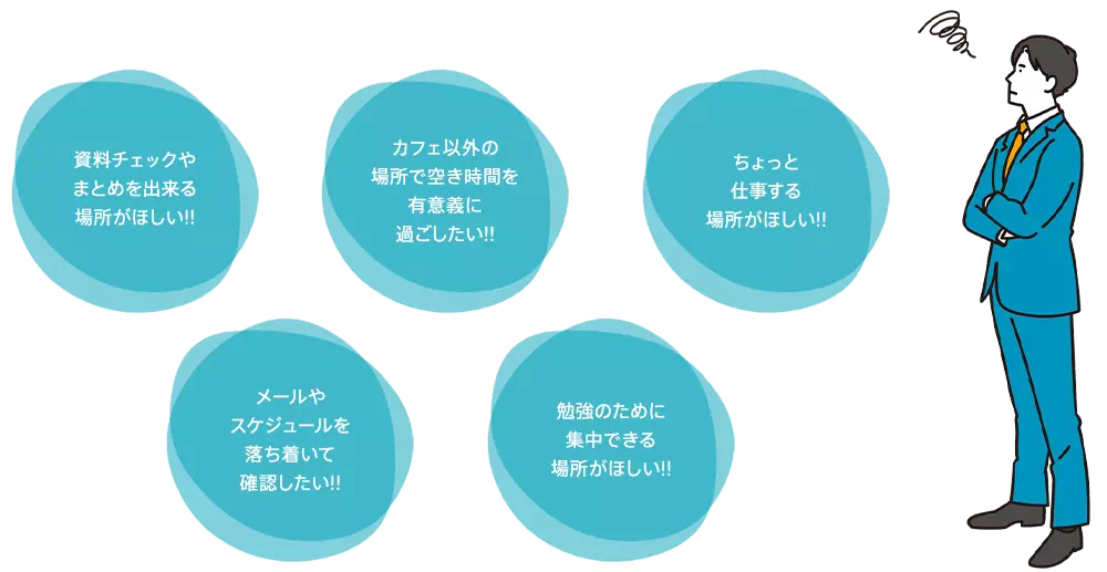 空き時間を有意義に過ごしたい！メールやスケジュールを落ち着いて確認したい！勉強のために集中できる場所がほしい！